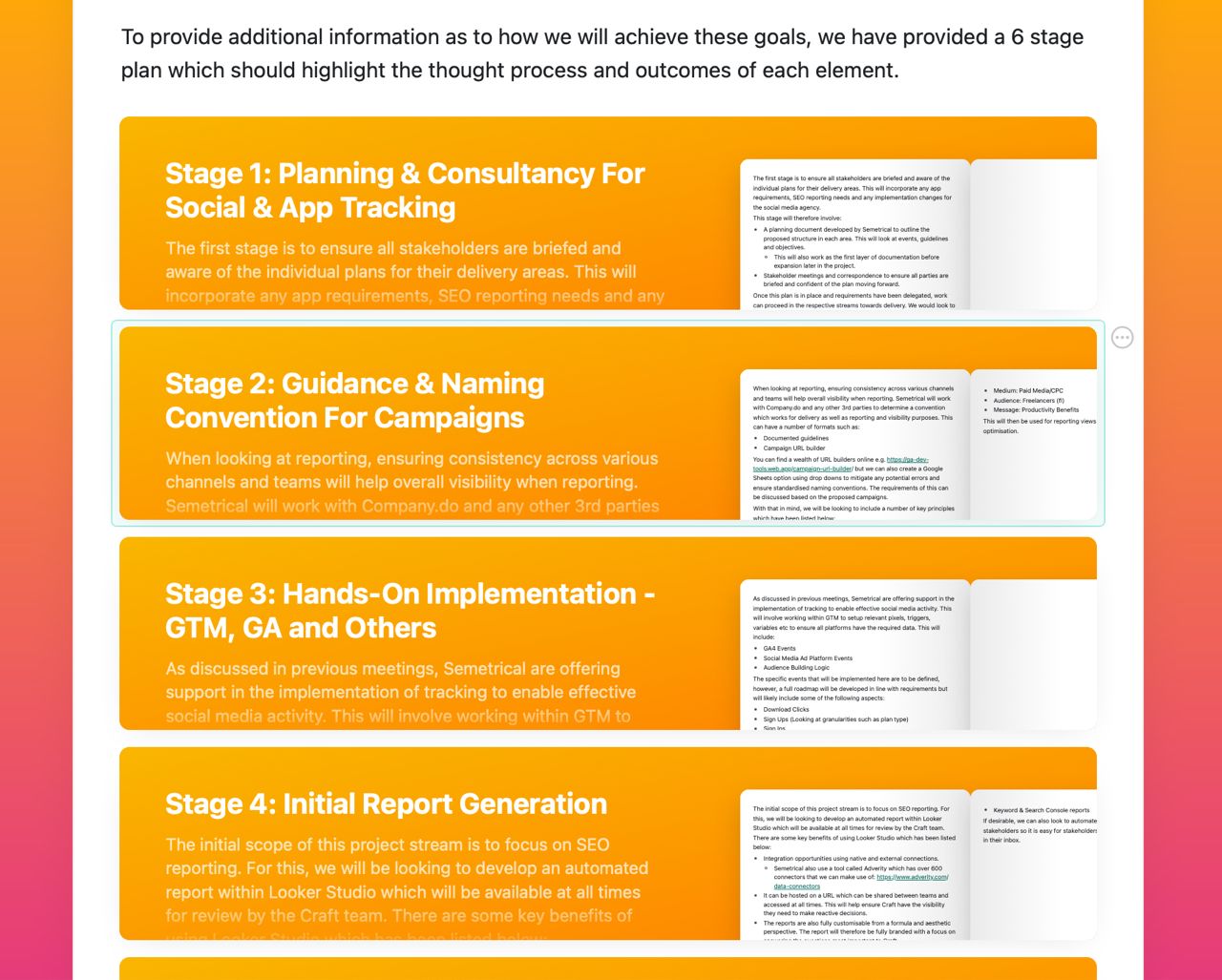 Use of cards in a proposal document